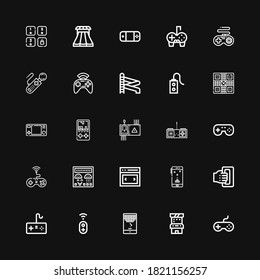 Editable 25 console icons for web and mobile. Set of console included icons line Joystick, Arcade game, Game, Controller, Gamepad, Handheld, Slider, Control panel on black background