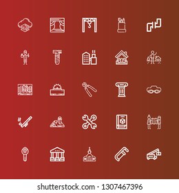 Editable 25 construction icons for web and mobile. Set of construction included icons line Crane, Saw, Church, Courthouse, Wrench, Planning, d printer, Tools, House, Pipe on red