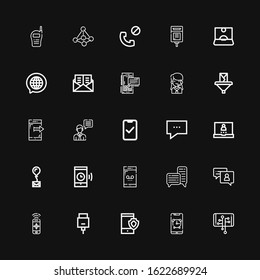 Editable 25 contact icons for web and mobile. Set of contact included icons line Smartphone, Hdmi, Chat, Mail, Login, Email, Call center, Influencer, Mailbox on black background