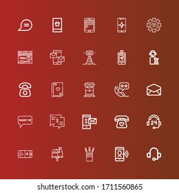 Editable 25 iconos de contacto para web y móvil. El conjunto de contactos incluía iconos línea Auriculares, Smartphone, Set, Correo electrónico, Soporte, Teléfono, Correo, Chat, burbuja de voz, Llamada telefónica en rojo