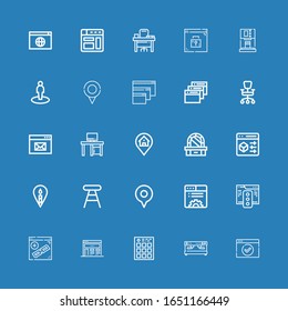 Editable 25 contemporary icons for web and mobile. Set of contemporary included icons line Browser, Coffee machine, Location, Stool, Dressing table, Desk, Office chair on blue background