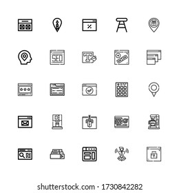 Editable 25 contemporary icons for web and mobile. Set of contemporary included icons line Browser, Locate, Coffee machine, Desk, Location, Background, Stool on white background