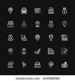 Editable 25 content icons for web and mobile. Set of content included icons line Engagement, Placeholder, Typewriter, Writing, Write, Rss, Money bag, Wireframe on black background