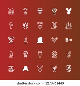 Editable 25 contest icons for web and mobile. Set of contest included icons line Medal, Medals, Trophy, Goblet, Prize, Miss world, Competition on red
