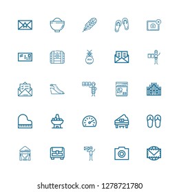 Editable 25 contour icons for web and mobile. Set of contour included icons line Envelope, Photo, Graphic designer, Chest, Curtain, Sandals, Piano, Speedometer on white background