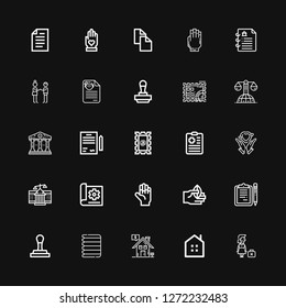 Editable 25 contract icons for web and mobile. Set of contract included icons line Dismissed, Real estate, Paper, Stamp, Clipboards, Hand, Document, Courthouse on black background