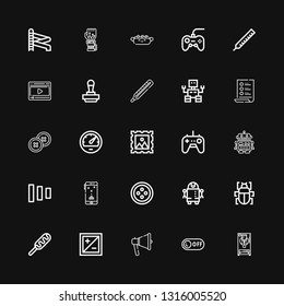 Editable 25 control icons for web and mobile. Set of control included icons line Freezer, Off, Megaphone, Exposure, Hot dog, Fleas, Robot, Button, Game, Fade buttons on black background