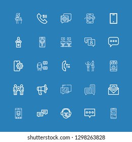 Editable 25 conversation icons for web and mobile. Set of conversation included icons line Chat, Commentator, Mobile, Communication, Discussion, Call, Talk on blue background