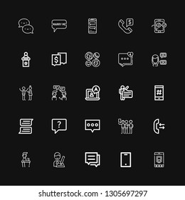 Editable 25 conversation icons for web and mobile. Set of conversation included icons line Mobile, Conversation, Interview, Speech, Call, Talking, Chat, Hashtag on black background