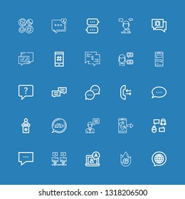 Editable 25 conversation icons for web and mobile. Set of conversation included icons line Chat, Trending topic, Communications, Talk, Call, Speech, Hashtag on blue background