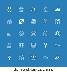 Editable 25 cook icons for web and mobile. Set of cook included icons line Apron, Dumpling, Mixer, Ketchup, Steelyard, Pan, Spatula, Dinner, Stove, Waitress on blue background