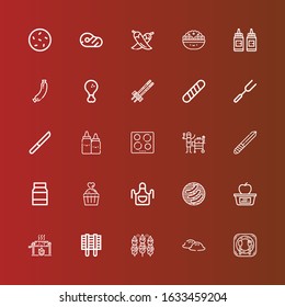 Editable 25 cook icons for web and mobile. Set of cook included icons line Restaurant, Dumpling, Bbq, Grill, Roast, Lunch, Barbecue, Apron, Cupcake, Mayonnaise, Knife, Hob on red