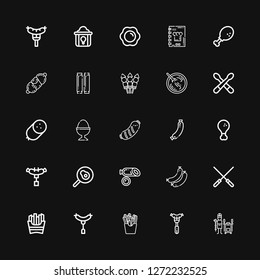 Editable 25 cooked icons for web and mobile. Set of cooked included icons line Tandoor, Sausage, French fries, Skewers, Sausages, Fried egg, Fried chicken on black background