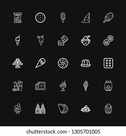 Editable 25 cookie icons for web and mobile. Set of cookie included icons line Rice, Pastry, Ice cream, Cookies, Snack, Cracker, Jelly, Doughnut, Macaron, Biscuit on black background
