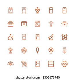 Editable 25 cooler icons for web and mobile. Set of cooler included icons line Propeller, Ice box, Fridge, Fan, Dispenser, Water dispenser, United, Ice bucket on white background
