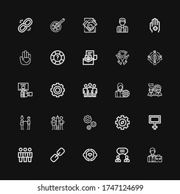 Editable 25 cooperation icons for web and mobile. Set of cooperation included icons line Employee, Agreement, Friendship, Link, Team, Peace, Gear, Teamwork on black background