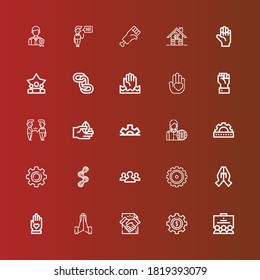 Bearbeitbar 25 Kooperationssymbole für Web und Mobile. Gruppe von Kooperationspartnern umfasst die Bereiche Team, Cograd, Deal, Hands, Hand, Getriebe, Teamwork, Kette, Mitarbeiter, Mitarbeiter, Handshake, Hilfe auf Rot