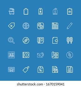 Editable 25 copy icons for web and mobile. Set of copy included icons line Diskette, Document, Offer, Price tag, Cassette, Cd, Tag, Dvd, Font, Cartridge, Compact disc on blue background