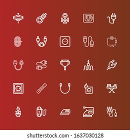 Editable 25 cord icons for web and mobile. Set of cord included icons line Jack connector, Iron, Ironing, Wire, Plug, Rope, Socket, Cable, Usb cable, Wiring, Copper, Gallows on red