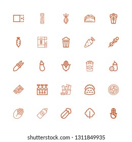 Editable 25 corn icons for web and mobile. Set of corn included icons line Corn, Lettuce, Courgette, Mustard, Soy eggs, Tacos, Snack, Farming, Seeds, Aubergine on white background
