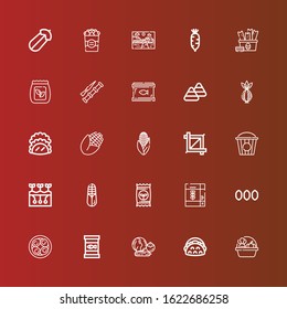 Editable 25 corn icons for web and mobile. Set of corn included icons line Harvest, Taco, Vegetables, Canned food, Soy eggs, Seeds, Cereal, Seed, Corn, Farming, Popcorn on red