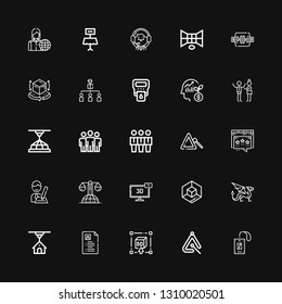 Editable 25 corporate icons for web and mobile. Set of corporate included icons line Pass, Triangle, d, Curriculum vitae, Dragon, d cube, Law, Interview, Influencer on black background