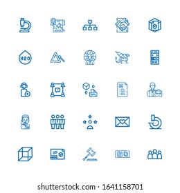 Editable 25 corporate icons for web and mobile. Set of corporate included icons line Group, Table, Law, d, Microscope, Letter, Influencer, Team, Operator, Employee on white background