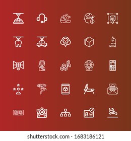 Editable 25 corporate icons for web and mobile. Set of corporate included icons line Landing page, ID, Hierarchy, Dragon, Table, Letter, d, Influencer, Businessman, d cube on red