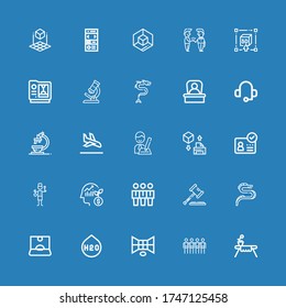 Editable 25 iconos corporativos para web y móvil. Conjunto de iconos corporativos incluidos línea Tabla, Equipo, d, H o, Influencer, Dragón, Ley, Empleado, Personal, ID, d cubo sobre fondo azul