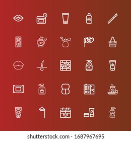 Editable 25 cosmetic icons for web and mobile. Set of cosmetic included icons line Shampoo, Cosmetics, Skin, Lips, Sun cream, Essential oil, Graffiti, Makeup, Makeup remover on red