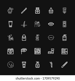 Editable 25 cosmetic icons for web and mobile. Set of cosmetic included icons line Nail file, Tweezers, Gel, Sun cream, Kiss, Graffiti, Cosmetics, Mascara on black background