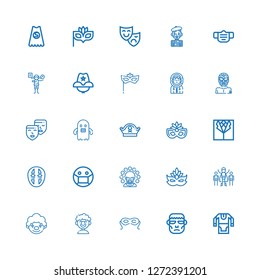 Editable 25 costume icons for web and mobile. Set of costume included icons line Tunic, Frankenstein, Eye mask, Clown, Superhero, Mask, Suit, Pirate hat, Ghost on white background