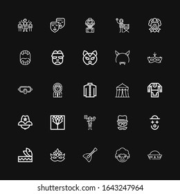 Editable 25 costume icons for web and mobile. Set of costume included icons line Sailor hat, Clown, Balalaika, Mask, Headdress, Disguise, Acting, Suit, Cowboy hat on black background