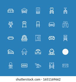 Editable 25 couch icons for web and mobile. Set of couch included icons line Sofa, Chair, Tv table, Psychologist, Chairs, Armchair, Divan, Closet, Dressing table on blue background