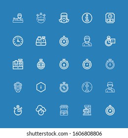 Editable 25 counter icons for web and mobile. Set of counter included icons line Stopclock, Coffee machine, Stand, Chronometer, Stop watch, Cashier, Info, Stopwatch on blue background