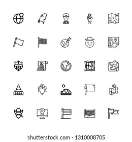 Editable 25 country icons for web and mobile. Set of country included icons line Flag, Fence, Holland, Map, Cowboy, Dune, Cowboy hat, Earth globe, Pacifism on white background