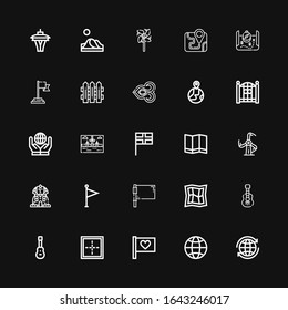 Editable 25 country icons for web and mobile. Set of country included icons line World, Globe, Flag, Border, Acoustic guitar, Map, Sphinx, Windmill, Landscape on black background