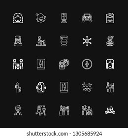 Editable 25 couple icons for web and mobile. Set of couple included icons line Tandem, Party, Newlyweds, Couple, Grandfather, Old man, Toilet, Girl, Mother on black background