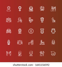 Editable 25 couple icons for web and mobile. Set of couple included icons line Girl, Couple, Boy, Fatherhood, Parenthood, Romantic dinner, Venus, Toilet, Restroom, Eskimo on red