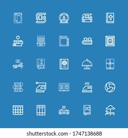 Editable 25 cover icons for web and mobile. Set of cover included icons line Sunbed, Contact list, Library, Books, Roof, Ball, Iron, Book, Tray, Bible, Ceramic on blue background