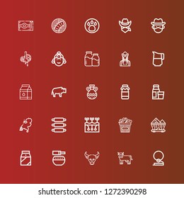 Editable 25 cow icons for web and mobile. Set of cow included icons line Cowboy, Cow, Buffalo, Standing bell, Milk, Wagon, Chicken, Farming, Ribs, Holland, Diary product on red