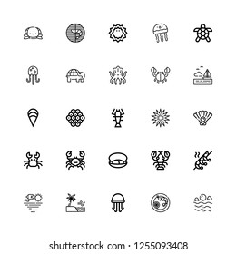 Editable 25 crab icons for web and mobile. Set of crab included icons line Sea, Prawn, Jellyfish, Shrimp, Lobster, Mussel, Crab, Oyster, Sea urchin, Caviar on white background