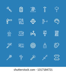 Editable 25 craft icons for web and mobile. Set of craft included icons line Leather, Magic wand, Brush, Knitting, Glue, Bobbin, Sewing machine, Thread spool on blue background