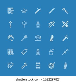 Editable 25 craft icons for web and mobile. Set of craft included icons line Pisa, Painting palette, Malt, Hammer, Knitting, Magic wand, Wand, Paint tube, Glue on blue background