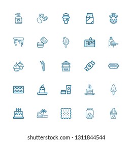 Editable 25 cream icons for web and mobile. Set of cream included icons line Frozen yogurt, Cookies, Biscuit, Beach, Cake, Popsicle, Cosmetics, Pudding, Cupcake on white background