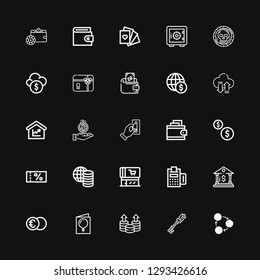 Editable 25 credit icons for web and mobile. Set of credit included icons line Exchange, Investment, Coin, Card, Euro, Bank, Payment, Supermarket, Money, Voucher on black background