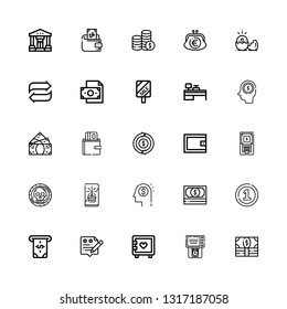 Editable 25 credit icons for web and mobile. Set of credit included icons line Money, Atm, Strongbox, Rating, Coin, Card, Wallet, Refund, Earnings, Cash machine on white background