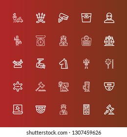 Editable 25 crime icons for web and mobile. Set of crime included icons line Auction, Guillotine, Policeman, Surveillance, Cctv, Frappe, Law, Sheriff, Weapon, Bandit, Trojan on red