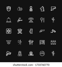 Editable 25 íconos criminales para web y móvil. El conjunto de delitos incluía íconos de línea Detective, Cctv, Guardaespaldas, policía, balas, terror, fraude, armas, cámara oculta sobre fondo negro