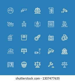 Editable 25 criminal icons for web and mobile. Set of criminal included icons line Justice, Auction hammer, Scale, Cctv, Police, Dynamite, Penalty, Wild west on blue background